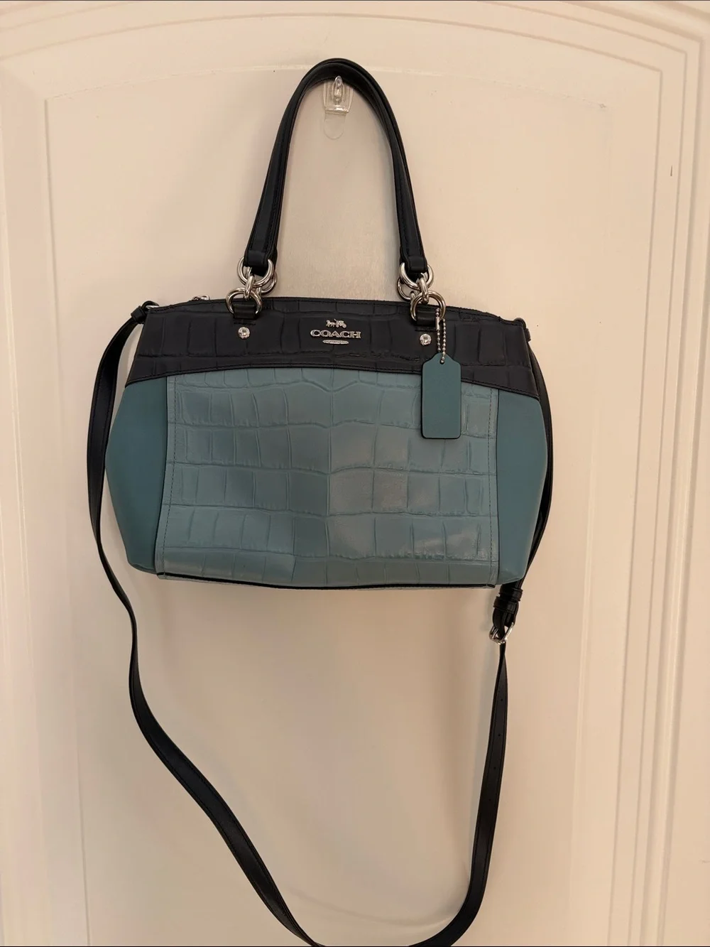 Coach Teal and Black Croc-Embossed Satchel with Shoulder Strap